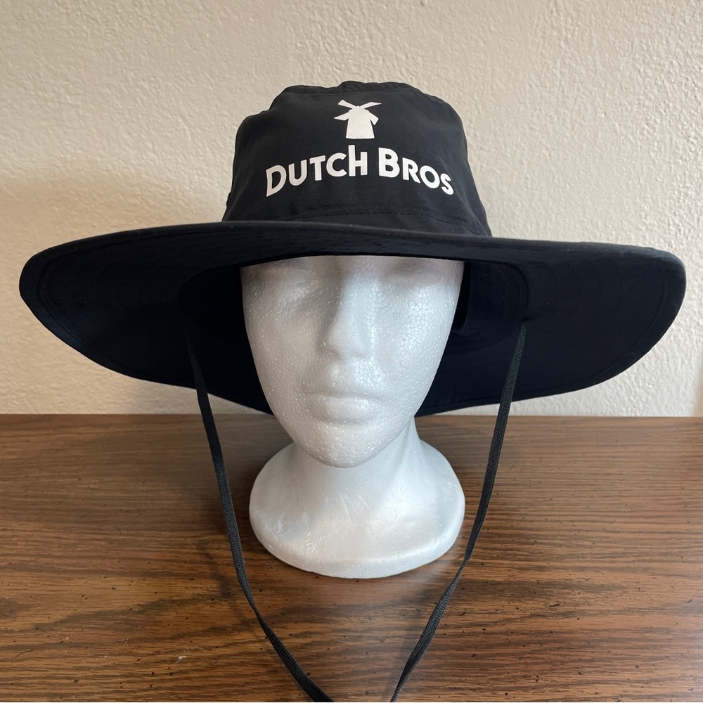 Black, wide brimmed Dutch Bros coffee bucket hat. Size L/XL w/ adjustable string